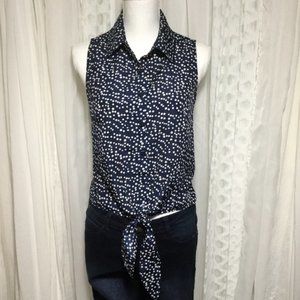 Sparkle & Fade Navy White Dots Slit-back Tie Front Shirt Blouse